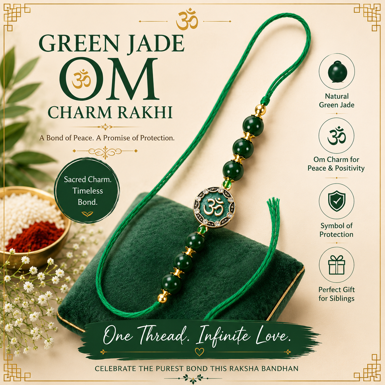 Green Jade Om Charm Rakhi with natural jade beads and premium Om charm – Set of 3